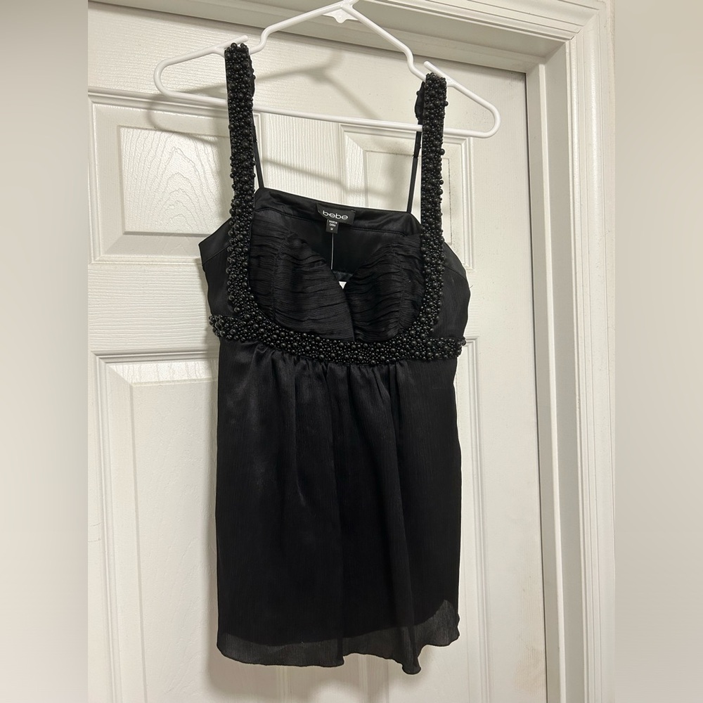 Y2K NWT Sz M Bebe Black Evening Tank top with Black Beaded Spaghetti Straps
